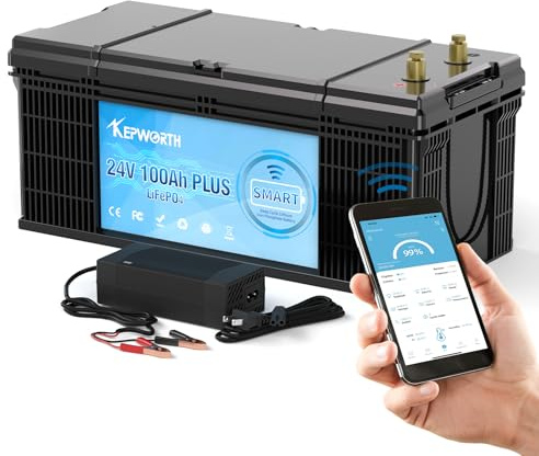 KEPWORTH 24V 100Ah LiFePO4 lithium Batterie Bluetooth Smart 100A BMS, Perfekter Ersatz für AGM Akku, 4000-15000 Tiefzyklus, 10 Jahre Lebensdauer, perfekt für Wohnmobil, Solar, Off-Grid, Marine