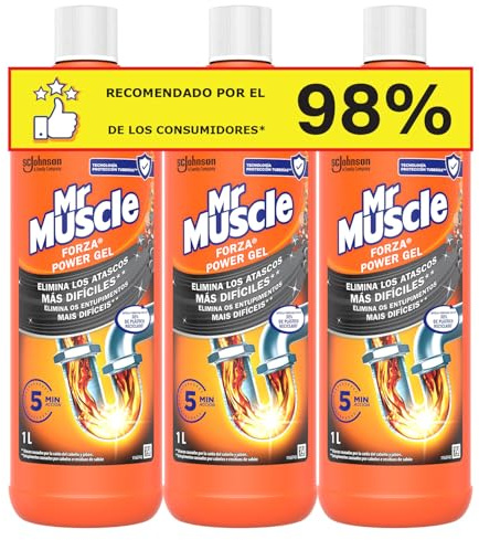 Mr Muscle Forza Desatascador Gel Power, Gel limpia tuberías, Desatascador líquido potente desagües, Pack de 3 unidades, Cantidad total 3 x 1 L
