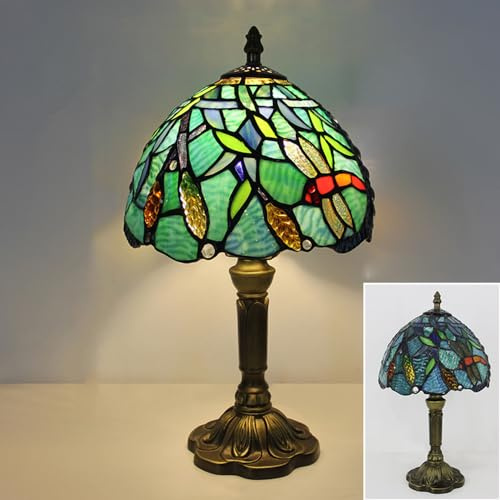 Mengjay Lampe, Nachttischlampe Handgefertigtem mit BuntglasLampenschirm Retro Tischlampe für Wohnzimmer, Schlafzimmer, Büro