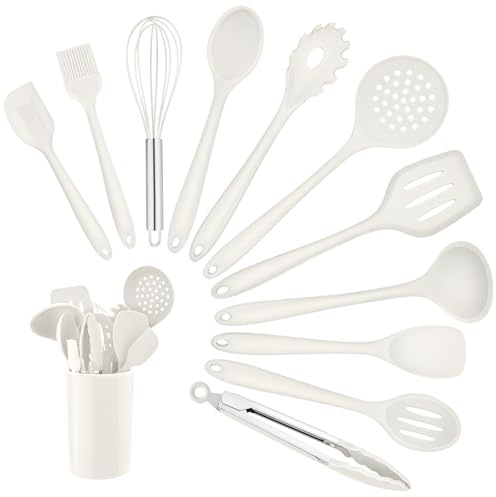 Homikit Silikon Küchenhelfer Set, 12 Stück Weiß Kochutensilien | Hitzebeständiger Kochgeschirr, Küchenutensilien Kochbesteck mit Utensilienhalter, Gesund & Antihaft, Spülmaschinengeeignet