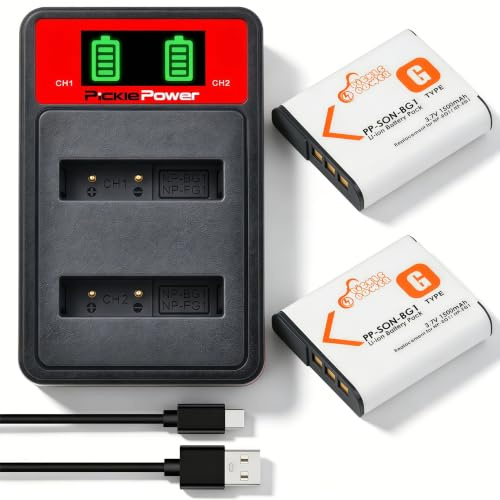 Pickle Power 2Pcs NP-BG1 NP-FG1 Battery and Charger for Sony DSC-H7 H9 H10 H20 H70 H50 H55 H90 HX5V HX9V HX10V DSC-W30 W35 W50 W55 W70 W80 W120 W150 W220 WX1 WX10 HX9V