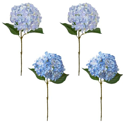 RXMORI 4 Pezzi di Fiori Artificiali di Ortensia, Fiori di Ortensia Finta Seta da 60 Cm con Steli, Bouquet di Fiori di Ortensia di Seta Finta di Ortensia Realistica per Centrotavola per la(Blu)