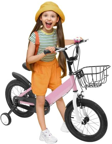 Fermoirper 14 Zoll Kinderfahrrad Kinder Fahrrad für 3-5 Jahre Mädchenfahrrad mit Stützräder Schutzbleche, Korb,Vorderradbremse und Rücktrittbremse Fahrräder für Männer Frauen (Rosa)