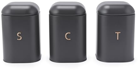 Salter BW13729EU7 Pebble juego de botes de azúcar de té y café – Cajas de almacenamiento de encimera, contenedores de encimera de cocina, latas etiquetadas de acero al carbono, gris/oro