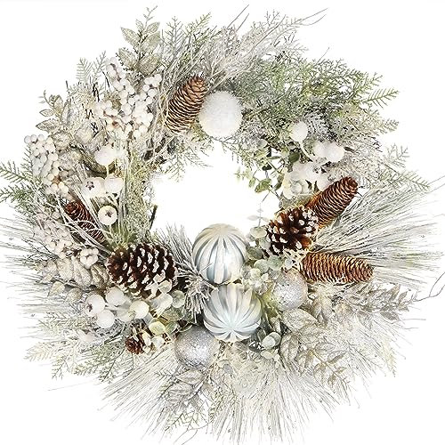 Ø61cm Weihnachtskranz Künstlicher Kranz mit Dekorative Weihnachtskugeln, Tannenzapfen, Beeren für Haustür, Hauswandbehang oder Weihnachtsdekoration, Winterschmuck
