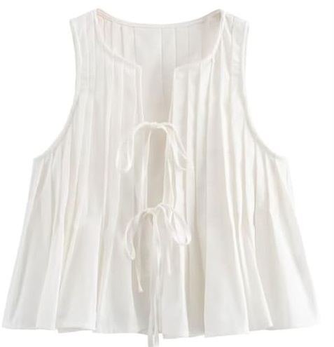 SOKTDO Bow Tie Front Tops For Women - Pleated Sleeveless Blouse(White,L)