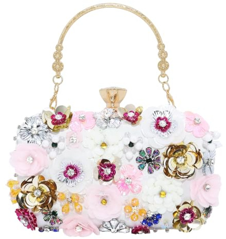 Women's Beaded Floral Clutch Bag with Diamond Closure Evening Wedding | Detachable Shoulder Chain, Satin Fabric, Crystal Sequins, Top Handle, Prom Party Gift