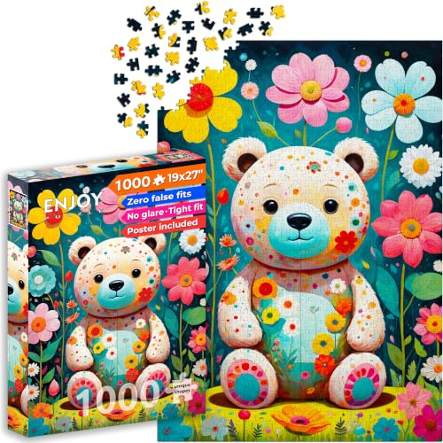 ENJOY Puzzle Illustration d'ours en peluche dans un jardin fleuri - Puzzle de 1000 pièces pour adultes - Finition mate, doux au toucher, facile à assembler, ajustement serré, couleurs vives, service