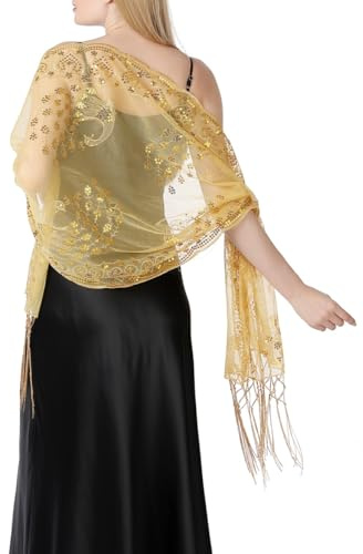 THE ART BOX 1920 inspirierter funkelnder Metallic-Schal und Wickel für Damen, glitzernder Netz-Pailletten-Umhang mit Fransenkanten für Abendkleider und Hochzeitsfeiern