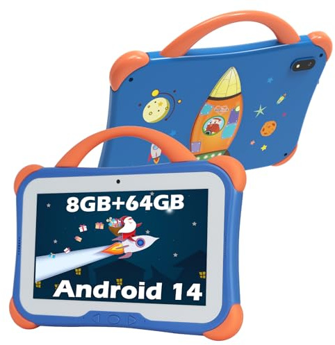 weelikeit 7 inch Android 14 Kids Tablet - 8GB RAM 64GB ROM with Bluetooth, WiFi, Dual Camera, Parental Control, Educational App for Girls Boys (Blue)