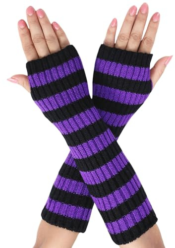 Suxgumoe Women Arm Warmers, Knitted Long Sleeve Fingerless Gloves Mittens Winter Wrist Warmers with Thumb Hole for Ladies Girls (C Black+Purple)