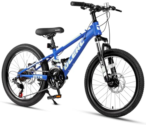 Glerc Skyline Mountainbike för pojkar och flickor 20 tum för 6 7 8 9 10 11 12 år 21 växlar framfjädring och skivbroms och robust ram, marinblå