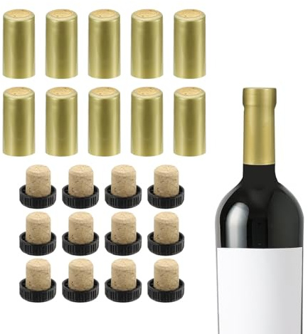 QUARKZMAN 100Pcs Capsules Thermorétractables PVC 12Pcs Bouchons Liège Forme T Bouchon Scellage Bouteille Capsules Thermorétractables pour Verre, Caves Bordeaux, 30x60mm, Or