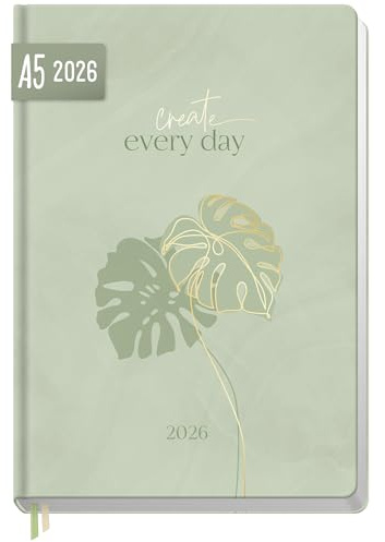 Häfft-Timer Buchkalender 2026 A5 Green Monstera JANUAR - DEZEMBER 2026, Hardcover Kalender, Terminplaner für junge Erwachsene - nachhaltig & klimafreundlich