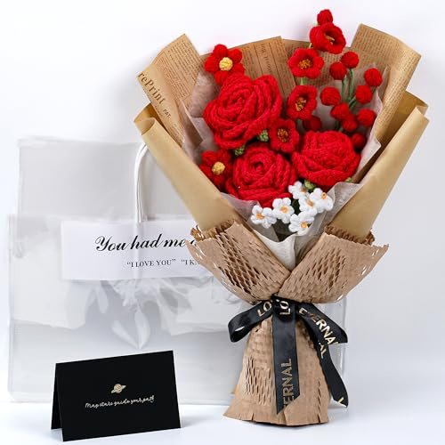 EZsenses Crochet Flower Bouquet, Handmade Knitted Red Rose Faux Crochet Flowers for Home Decor Valentine’s Day Anniversary Weddings Birthdays Mother’s Day, Includes Gift Bag and Greeting Card (Rose)