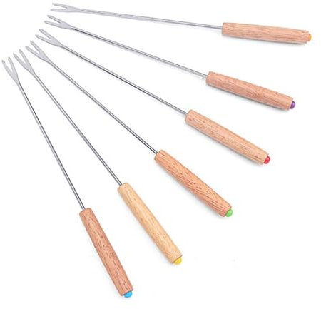 Nikou Juego de 6 tenedores de fondue multifuncionales de acero inoxidable con asas de madera para frutas, queso y fuente de chote, 12 pulgadas de largo