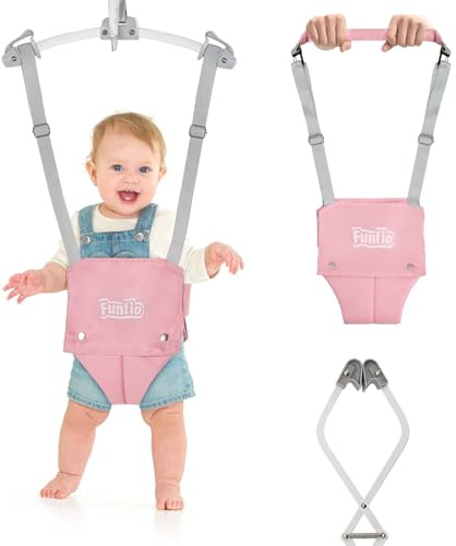 FUNLIO Baby Jumper 2 in 1 con Morsa per Porta e Guinzaglio, per Bambini 6-24 Mesi, Molle Robuste e Cintura Regolabile, Facile da Montare e Riporre - Rosa