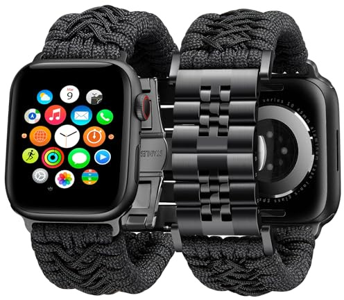 BINLUN Kompatibel mit Apple Watch Armband 49mm Geflochten 550 Paracord Stahl Sport Armbänder Kompatibel mit iWatch Ultra Ultra2 Ultra3 Herren Damen(Schwarz Kreuz-Schwarz)