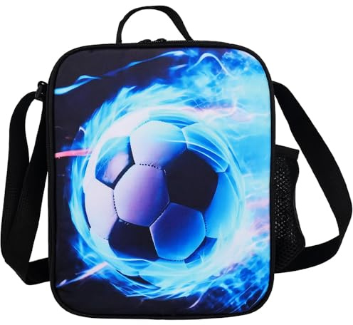 Rppiup Football Lunch Box, Insulated Lunch Bag for Kids Boys Girls with Water Bottle Holder, Washable Reusable Tote or Crossbody 3D Football Lunchbox, for School Hiking Picnic Travel Camping(Blue)