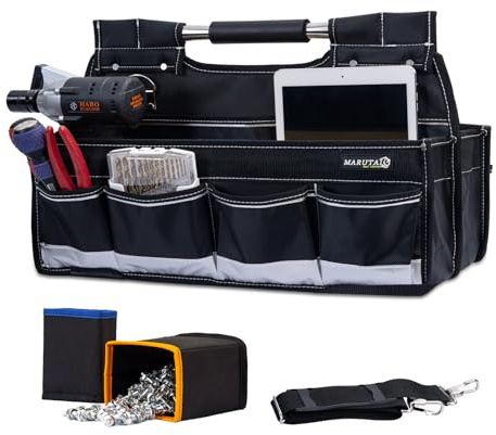 MARUTAI 50cm (20in) Heavy-Duty Open Tool Bag with 2 Foldable Storage Cases | 20 pockets | Fold-flat design | Compact storage | Adjustable rubber shoulder strap | ideal for electricians plumbers