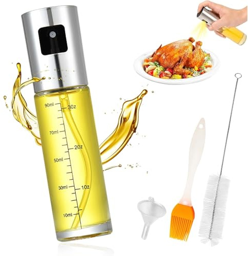 huoflame Olive Oil Sprayer for Cooking, 100ml Glass Oil Mister Bottle for Air Fryer, BBQ, Salad & Baking – Fine Mist, Leak-Proof Stainless Steel Dispenser with Brush, Funnel & Cleaning Kit (1 Pack)