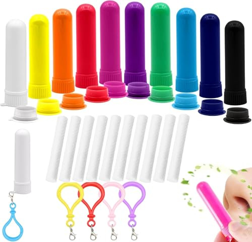 10 Stück Riechstifte für ätherische öle, Ätherisches Öl Röhren, Gute Hygroskopizität, mit Docht Nachfüllbarer Inhalator Stick für DIY Aromatherapy Refillable (10 Farben)