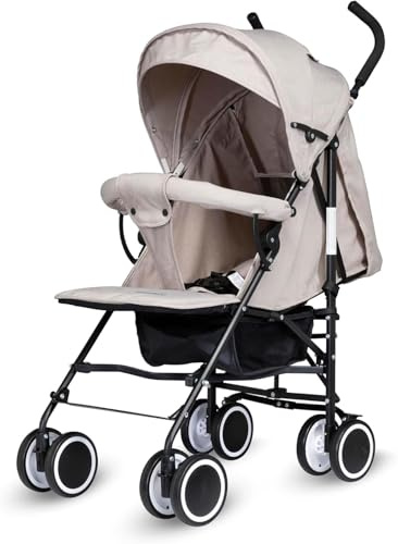 Stroller Pushchair for Toddler from Birth to 3 Years, Large Adjustable Hood/Canopy Buggy, Easy to Fold, Compact Foldable Baby Stroller with Reclining Seat (Beige)