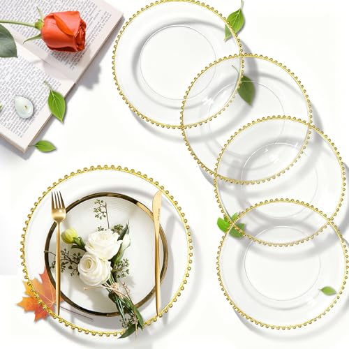 PROY 50 Pcs Clear Gold Beaded Charger Plates Bulk, 13 Inch Clear Charger Plates with Gold Trim, Round Charger for Dinner Plates, Table Chargers for Table Setting, Wedding