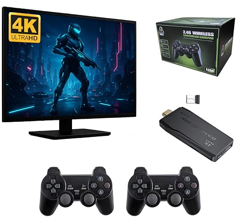 Consola de juegos retro 20000 juegos. Game stick lite 4K con salida HDMI y tarjeta microSD 64GB. Game stick portátil con dos mandos inalámbricos de 2,4GhZ. Multijugador y diversión en familia