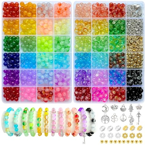 MATVHRUI 1200 Perlen für Armbänder, 44 Farben 8 mm Glasperlen zum Auffädeln | Rund Edelstein Perlen Set zum Basteln für Erwachsene Mädchen Schmuck Armbänder Selber Machen