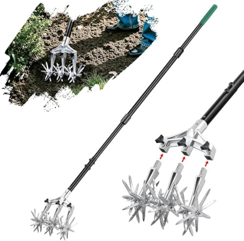 Rotary Cultivator Garden Tool for Gardening and Lawn(61''), Rotary Hand Tiller with Detachable Thicker Rustproof Tines&Sturdy Steel Handle, Manual Tiller Cultivator for Soil or Reseeding Grass