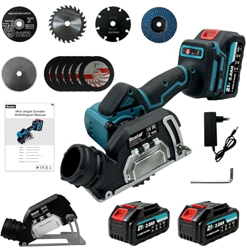 Bostar 21V Mini Handkreissäge & Winkelschleifer 76mm - 19.500 min⁻¹ High-Speed, 0-20mm Schnitttiefe (Fix 90°), 2x 3.0Ah Akku & 11-tlg. Zubehör Set - Kompatibel mit Makita 18V LXT Akku