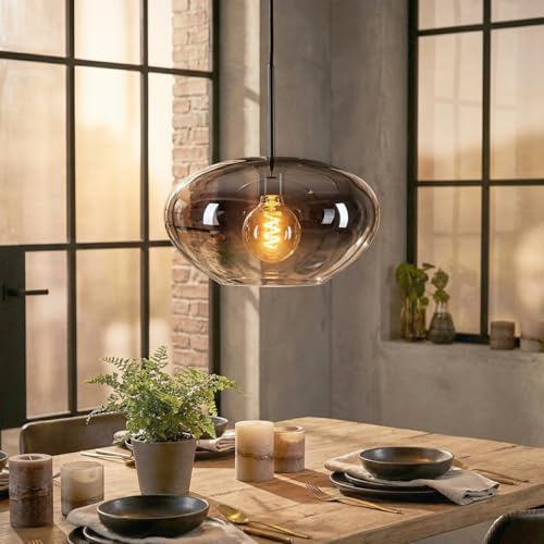 HOFSTEIN Hängeleuchte Mertola, 1-flammige Hängelampe aus Metall/Glas in Schwarz/Rauchfarben/Klar, moderne Pendelleuchte im Retro/Vintage-Design, Ø 35 cm, E27, Esszimmer, Küche, Wohnzimmer