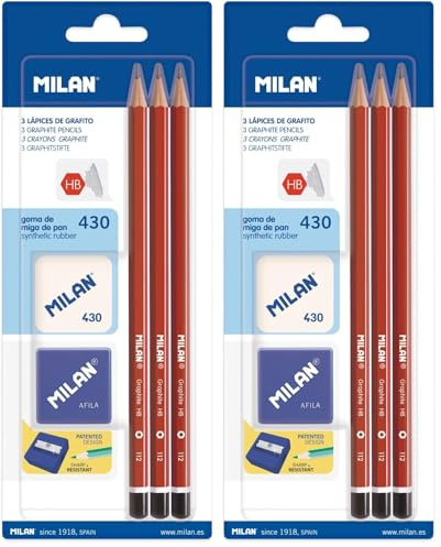 MILAN BYM10016 - Blíster con 3 lápices grafito, sacapuntas y goma de borrar (Paquete de 2)
