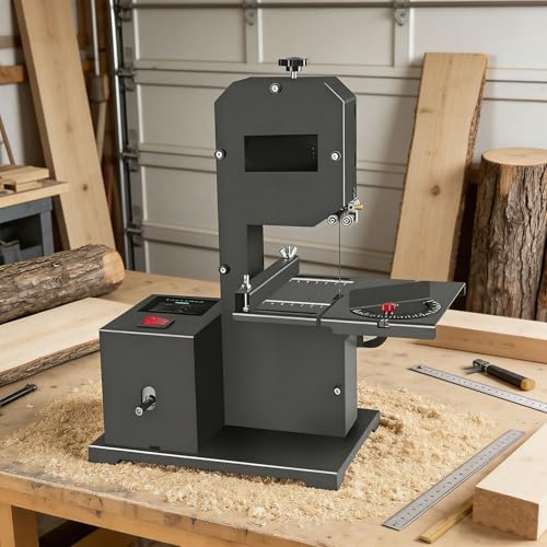 Sierra de cinta de sobremesa para cortar madera y otros materiales, 70 mm de profundidad, 1750 rpm de velocidad, garganta de 90 mm, ángulo ajustable, ideal para proyectos de bricolaje y manualidades