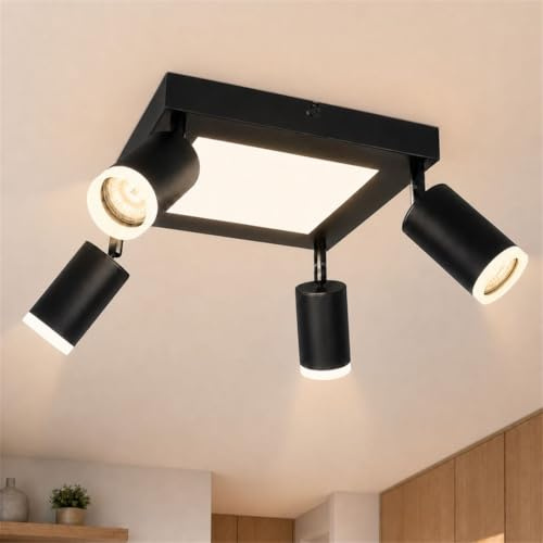 cupgow LED Foco Techo 4 Llamas Negro Plafón Cuadrado 20W Blanco Cálido