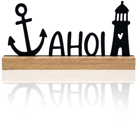 Generisch AHOI Deko Aufsteller aus Eichenholz – Maritime Deko mit Anker & Leuchtturm, Holz Aufsteller 22 cm, Ostsee Dekoration für Fensterbank, Regal, Kommode & Geschenk für Meerliebhaber