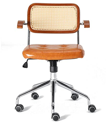 Retro svängbar rottingstol mitt bak kontor fåtölj med PU tysta hjul snygg gul skrivbordsstol för hem och vardagsrum ergonomisk komfort (56 x 56 x 54 cm)
