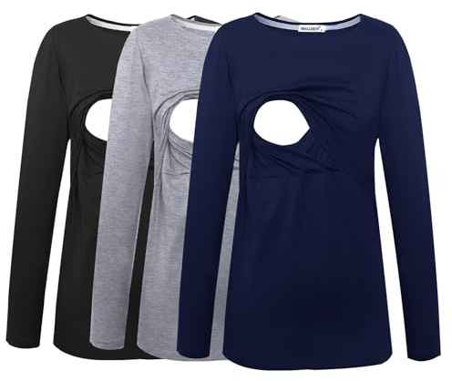 Smallshow Damen Umstandsshirt Stillshirt Langarm Bequem, Marineblau/Schwarz/Grau (Baumwolle), Medium