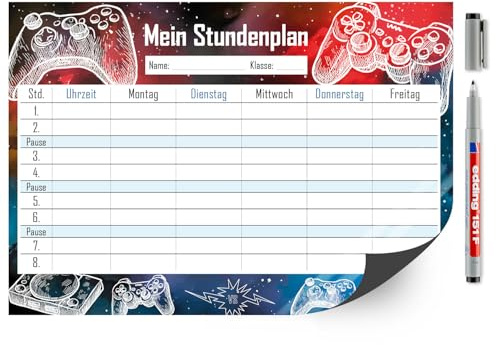 younikat Stundenplan abwischbar magnetisch Gaming - DIN A4 - dv487 | Wiederbeschreibbar, Digitaldruck, Whiteboard-Oberfläche, magnetischer Rückseite, zum Schulanfang, Einschulung, inkl. Stift