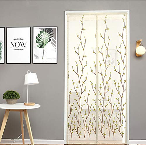 LIVEINU Fliegengitter Tür Insektenschutz Linen Magnet Vorhang Fliegenvorhang Leinen Moskitonetz Klebmontage Ohne Bohren für Balkontür Wohnzimmer Terrassentür Branchen Stickerei Gelb 85x210cm