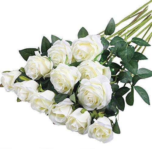 Hawesome 12PCS Artificial Roses Fake Flowers Single Long Stem Blooms with Rose Buds Wedding Decoration Bridal Bouquet Decorative Flower Arrangement Home Decoration Party Centerpieces in Cream White