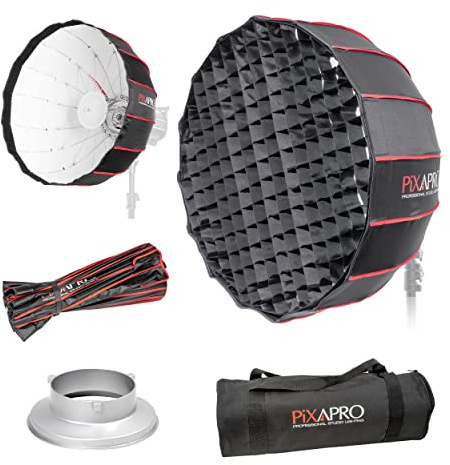 Pixapro 65cm 2ft Bowens S-Type Rice Bowl Softbox With Grid Easy-Open 16 Rods Circular Parabolic Soft Box Round Diffuser Studio Photo Key Light Portrait Product Photography (White)