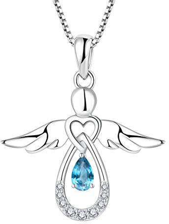FJ Damen Kette Schutzengel Anhänger Halskette 925 Sterling Silber Engel Kette mit Geburtsstein Zirkonia Schmuck Geschenke für Frauen Mädchen