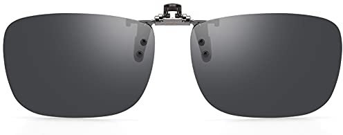 CAXMAN Polarized Clip On Sunglasses Over Prescription Glasses or Reading Glasses for Men Women Flip Up Rimless Rectangle Lens Cover Eyeglasses, Grey Lens, 60 * 42mm
