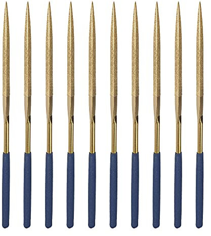sourcing map Diamante Aguja Lima Juego 3mm X 140mm, Triángulo Limas Titanio Recubierto Herramientas para Metal Madera Piedra Vidrio, 10 Piezas