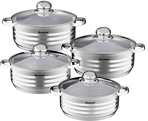 Eisenbach Professional Set di pentole in acciaio inox, 8 pezzi, con coperchio in vetro, lavabile in lavastoviglie, set di pentole a induzione, set di pentole per tutti i tipi di piano cottura -EB8SLOW