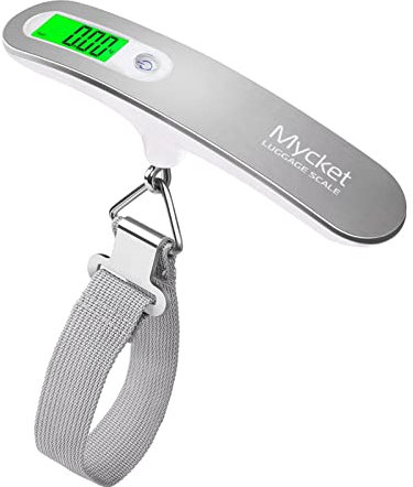 Mycket Digital Portátil Báscula para Equipaje, Escala de Equipaje, Pesa Maletas, Báscula de Equipaje Colgante con LCD Retroiluminación y Función de Tara, 110 lb/50 kg, Ligera para Viajes (Plateada)