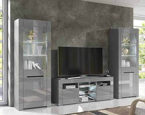 Furneo MilanoG – Grey Living Room Furniture Set, TV Stand & Display Cabinets, High Gloss & Matt Finish, White LED Lights
