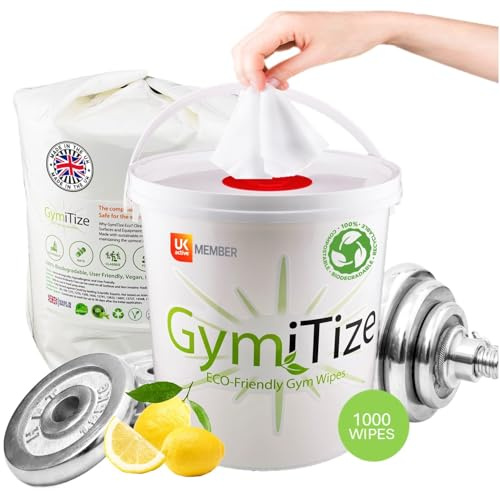 Gym Wipes, 1X 500 Wipe Dispenser Bucket, 1 X 500 Wipe Refill Roll | GymiTize. 100% Plant Fibre - 0% Plastic - Antiviral, Surface Wipes, Gym Cleaner